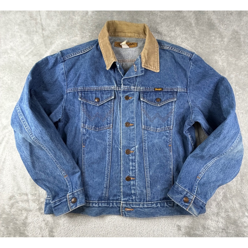 VTG Wrangler Denim Jacket Mens M Blue Corduroy Collar Western Authentic M-159
